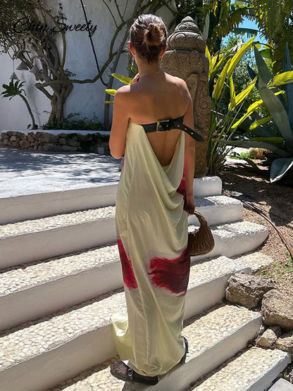 Printed Strapless Long Dresses Loose Off the Shoulder Sleeveless Beach Dress Summer Lady Vacation Robes