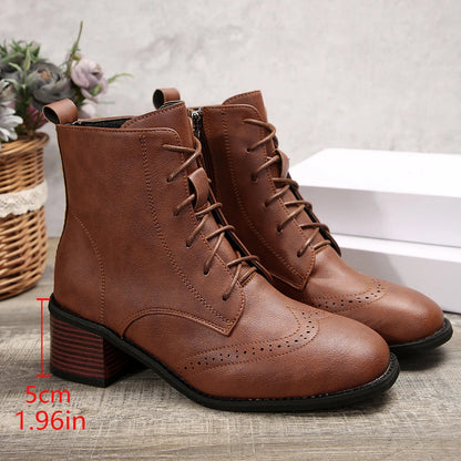 Square Head Splice Lace Up Versatile Autumn Winter Square Med Heel Ankle Boots Lace Up Zipper Pumps Leather Shoes