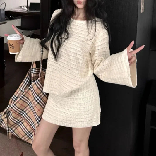 Autumn New Oneck Color All Match Hollow Flare Sleeve Sweater + High Waist Knitted Skirt Twopiece Suit