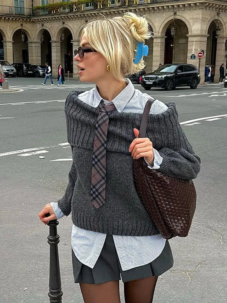Off Shoulder Cropped Knitted Pullover Slash Neck Long Sleeve Female Sweater Autumn Lady Loose Jumpers Knit