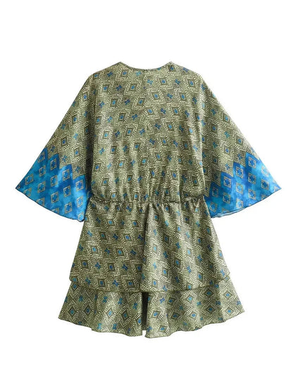 Summer Woman Print Vneck Mini Dress Short Sleeve Lace Up Dresses Female Slim Flounce Dress