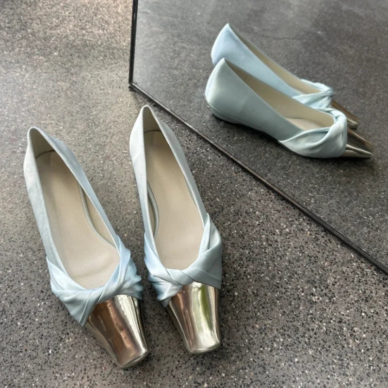 Metal Square Head Pumps Satin Designer Flat Shoes Summer New Party Dress Shoes Purple Comfy Fashionmueller Shoes