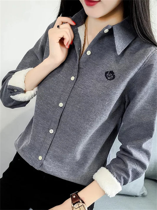 Very Thick Winter Style Blouses Shirts Lady Long Sleeve Turn-down Collar Velvet Blusas Tops Df3161