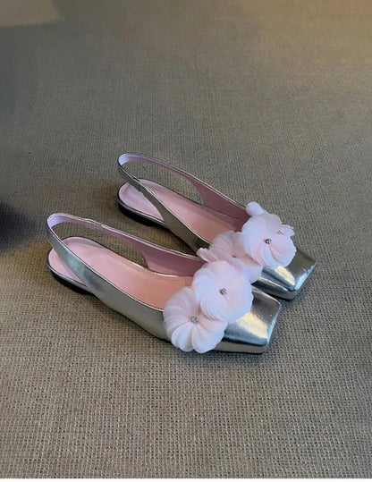Summer Flower Mules Sandals Square Toe Slip on Singbacks Shoes Dress Flats Sandalias