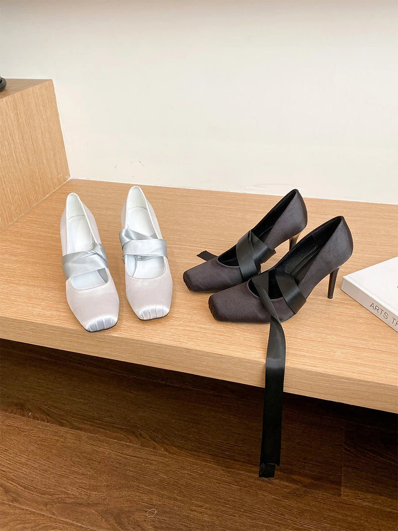 Black Platform Ballet Strap Pumps Ribbon Wrap Stiletto Fairy Mary Janes Shoes French Style Bowknot Square Toe High Heels