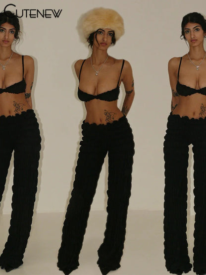 Shirring Trim 2 Piece Summer Unique Crop Camisoles+elastic Waist Pants Female Matching Clubwear