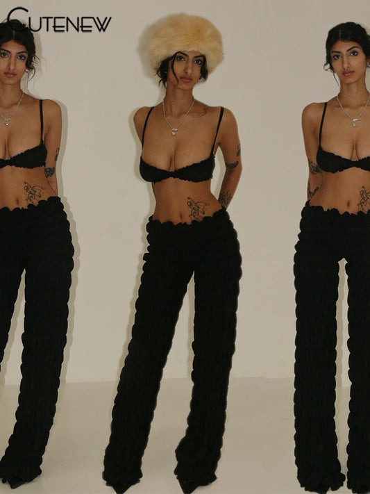 Shirring Trim 2 Piece Summer Unique Crop Camisoles+elastic Waist Pants Female Matching Clubwear