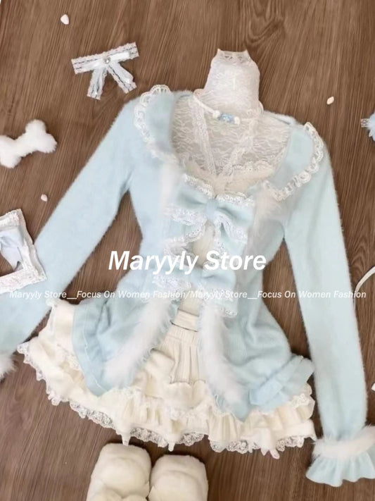 Winter Sweet New 3 Piece Sets Outfits Long Sleeve Bow Cardigan + Slim Vest + Lace Patchwork Mini Skirt