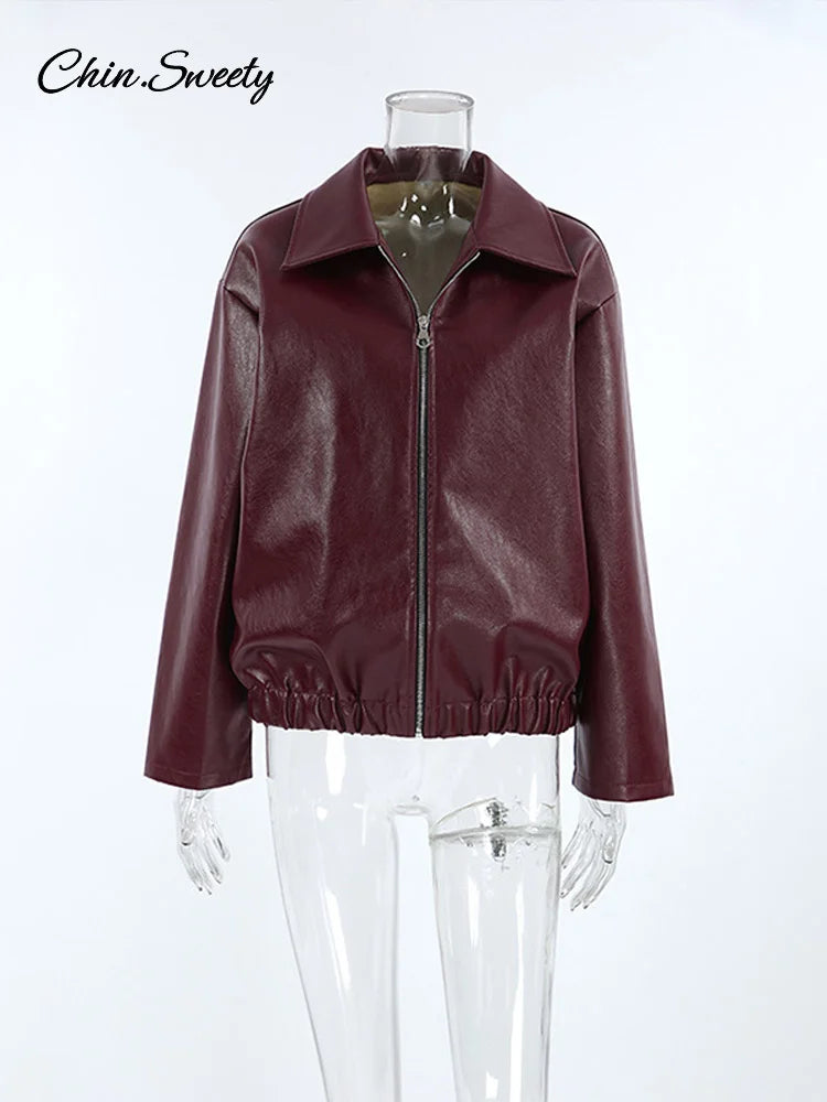 Lapel Leather Bomber Jacket Loose Zipper Long Sleeves Locomotive Coat Autumn New Lady High Street Outerwear