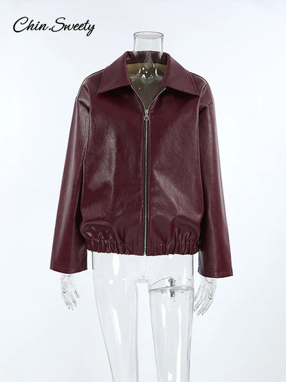 Lapel Leather Bomber Jacket Loose Zipper Long Sleeves Locomotive Coat Autumn New Lady High Street Outerwear