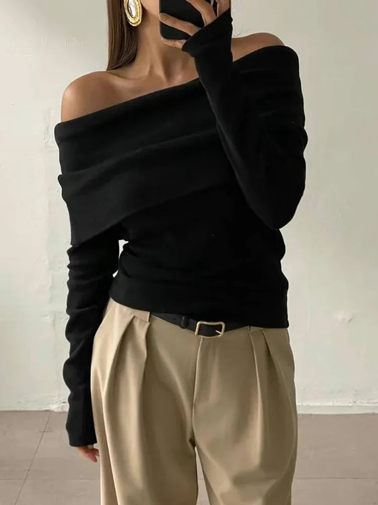 Sweater Knit Pullover Backless Slim Bandeau Cropped Top Off-shoulder Autumn Knitwear Top