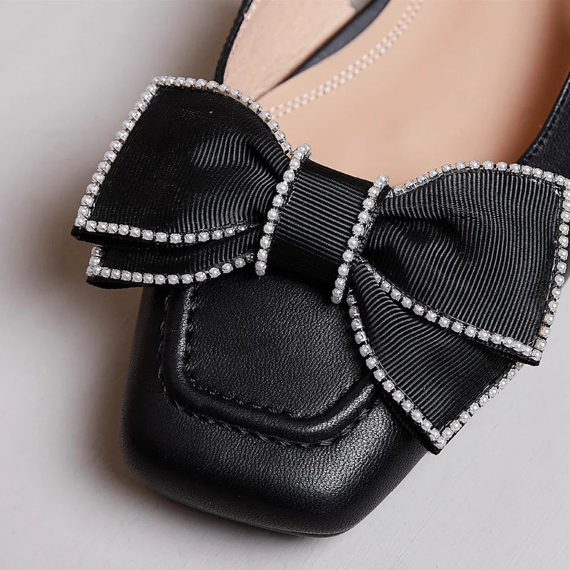 Genuine Leather Slingback Slipon Flats Sandals Square Toe Sweet Bowtie Korean Style Summer Flats Sandalias Shoes
