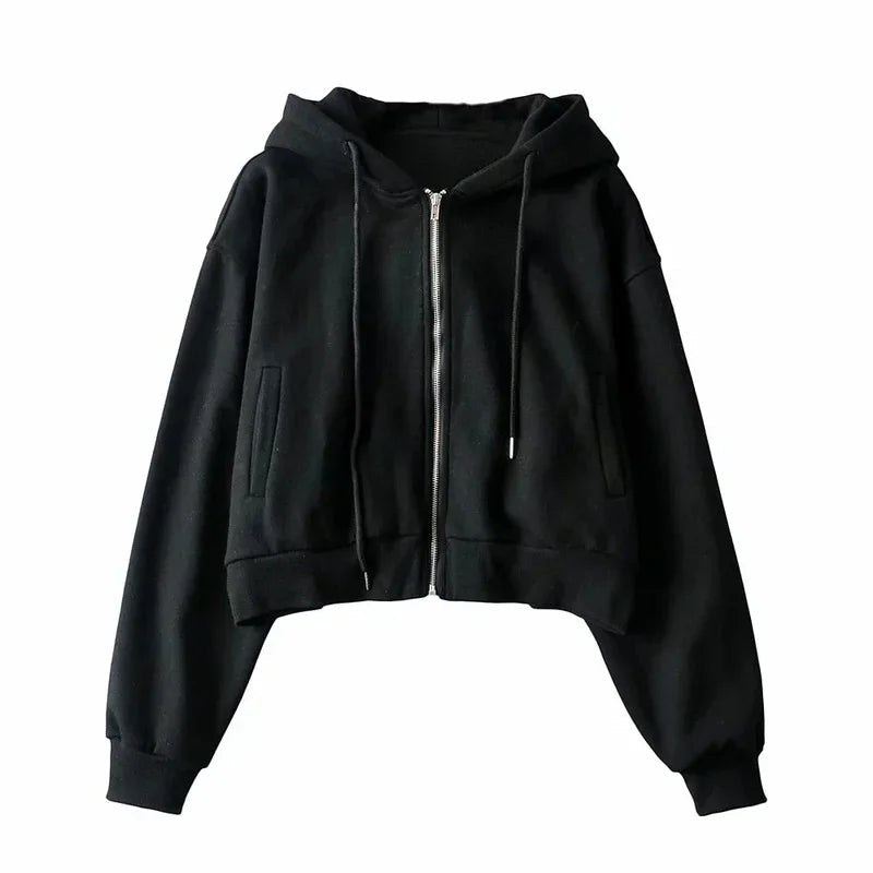 Autumn Spring Zip Up Hoodies Pockets Slim Crop Top Jacket Female Clothes Drawstring White Hoody Cotton Coats