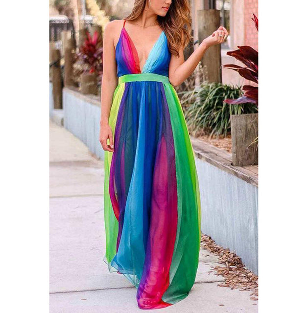 Rainbow Chiffon Spaghetti Strap Dresses Deep V-neck Backless Long Dress Evening Party Vestidos