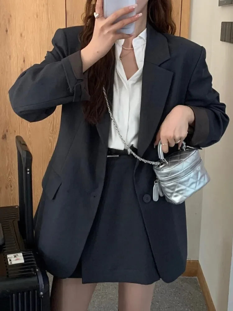 Korean Blazer Two Pieces Set Loose Jackets Coat Mini Skirts Suit Female Formal Outfits