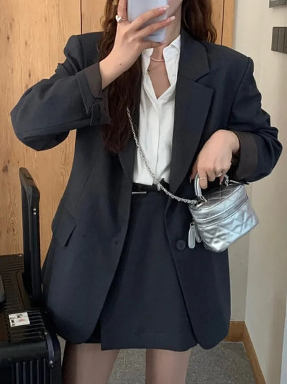 Korean Blazer Two Pieces Set Loose Jackets Coat Mini Skirts Suit Female Formal Outfits