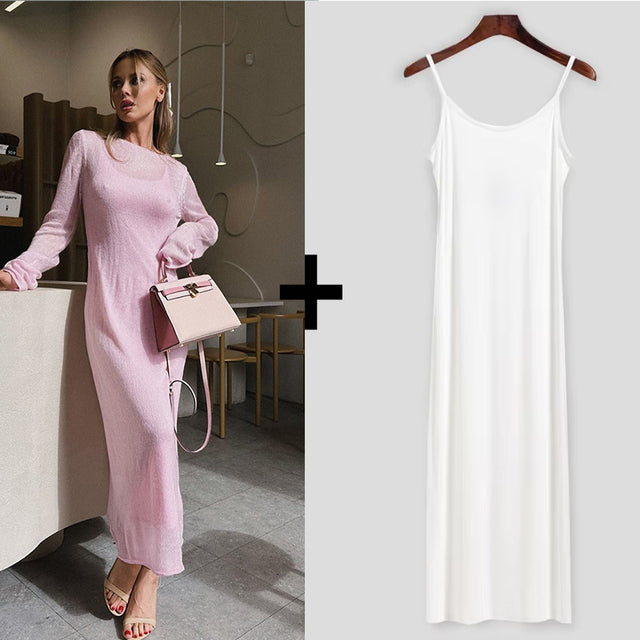 Spring Autumn O-neck Elastic Knit Long Dresses Soft Lady Hollowing Sweater Dresses Femme New