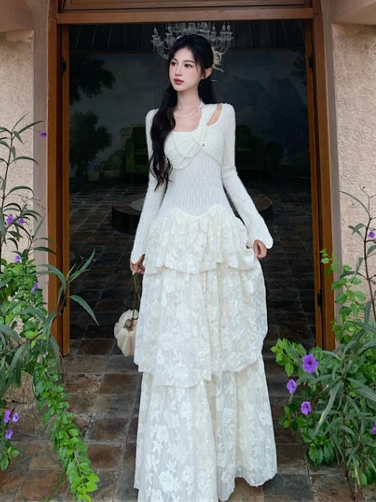 Fairy Dresses Knitted Patchwork Flare Sleeves Princess Cake Long Dress Autumn Party Prom Aline Vestidos Robe New