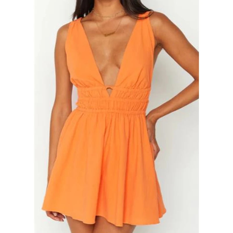 Dress Summer Deep V Neck Low Cut Sleeveless a Line Mini Dress Y2k Sundress Beach Party Clubwear