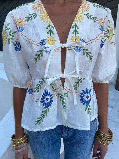 Summer Printed Short Sleeves Shirt Vneck Bow Laceup Cropped Top Female Sweet Blouse Top