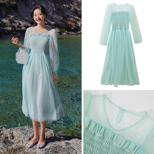 Fairy Dress Summer New Forest Mesh French First Love Pink Sweet Princess Dress Green 3/4 Sleeves Pleated Long Dress