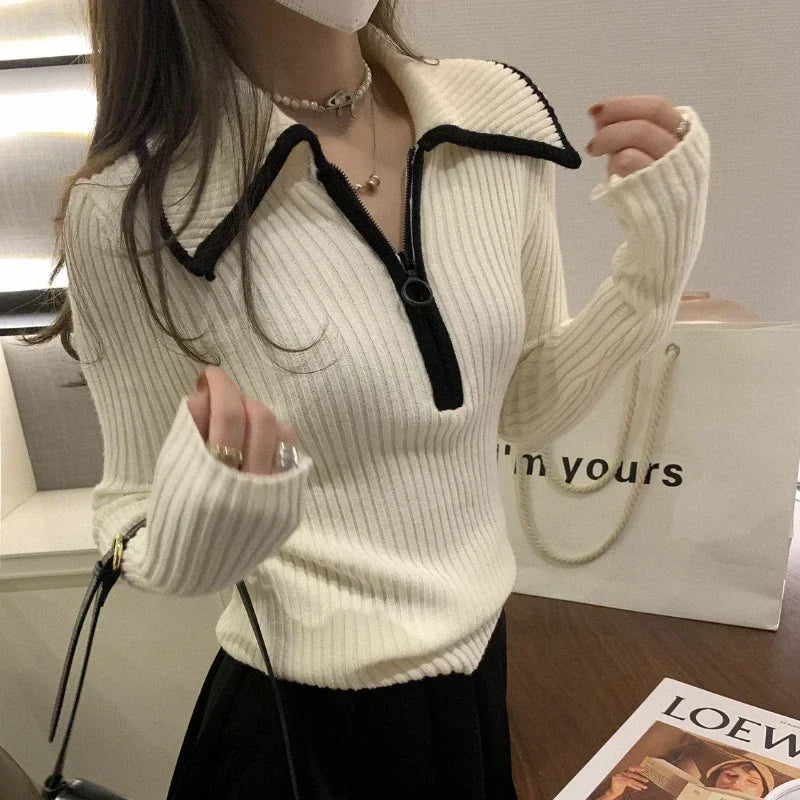 Zipper Slim Knit Longsleeved Sweater Autumn New Turn Down Collar Contrast Color Patchwork Tops