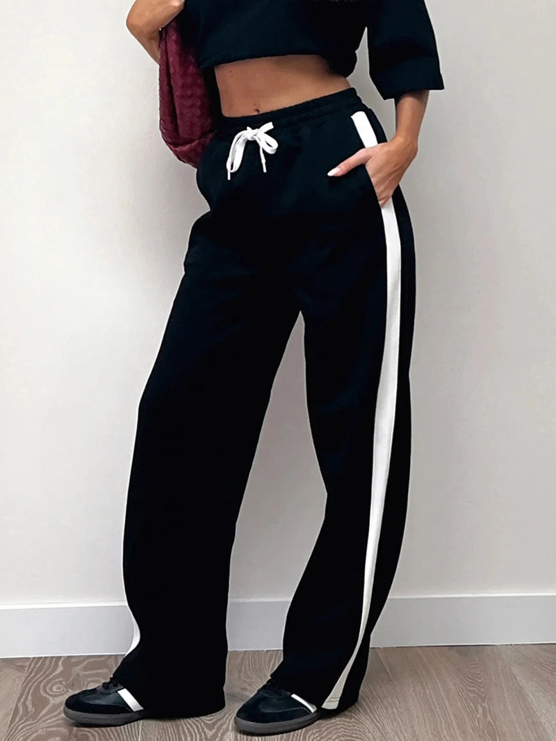 Gray Drawstring Elastic High Waist Sweatpants Side Stripe Contrast Patchwork Black Loose Jogging Track Pants