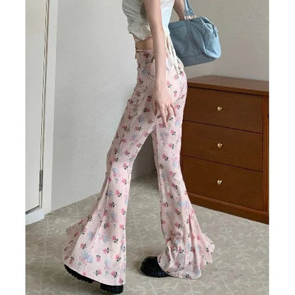 Summer Korean Retro High Street Print Laceup Waist Trousers Flare Pants
