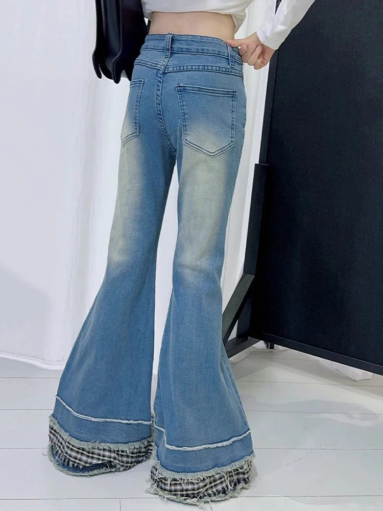 Stitch Raw Edge Ruffle Hem Flare Jeans Retro Tartan Plaid Whiskers Boot Cut Pants Grayu Y2k Korean
