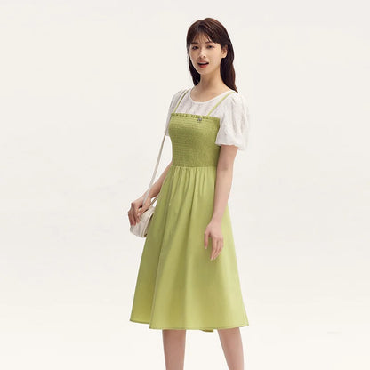 Dress Bubble Sleeves Lace Patchwork Faux Two-piece Slim Fit Summer New Fresh Style Round Neck Mid-length Skirt