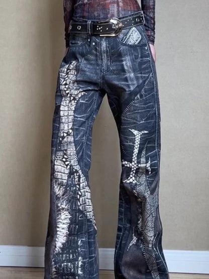 Retro Snake Printed Flared Jeans Cross Print High Waist Mujer Do Old Boot Cut Denim Pants Hip Hop Y2k Bottoms