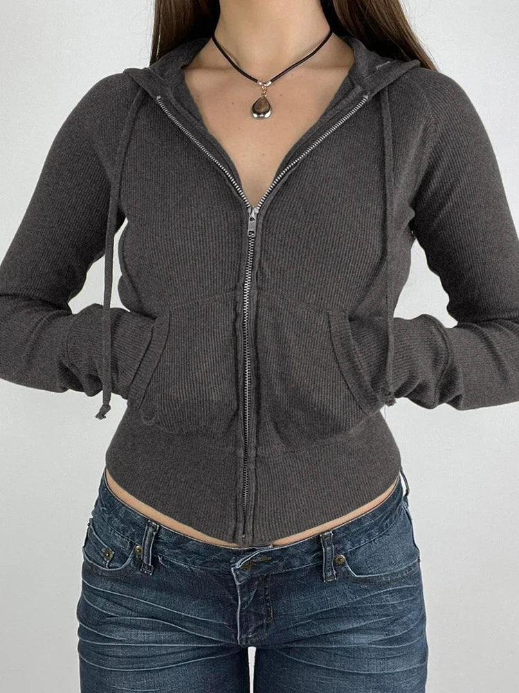 Gray Slim Zip Up Jackets Hoodies for Pockets Long Sleeve Ribbed Simple Basic Preppy Sweatshirts