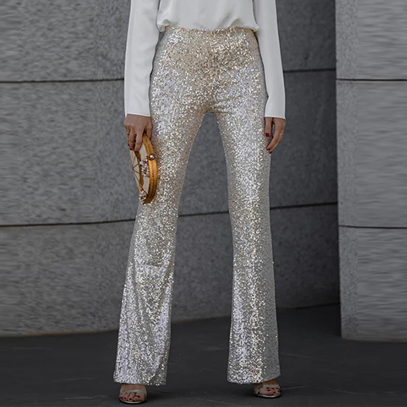 Spring Glitter Sequin Shiny Party Pants High Wiast Slim Flare Trousers New Autumn Straight Pant