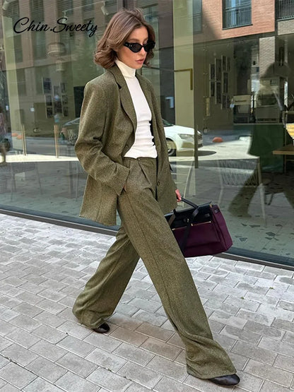 Coat Pant Sets Woman Lapel Long Sleeve Single Breasted Blazer Wide Leg Pants 2 Piece Set for Loose Outfits