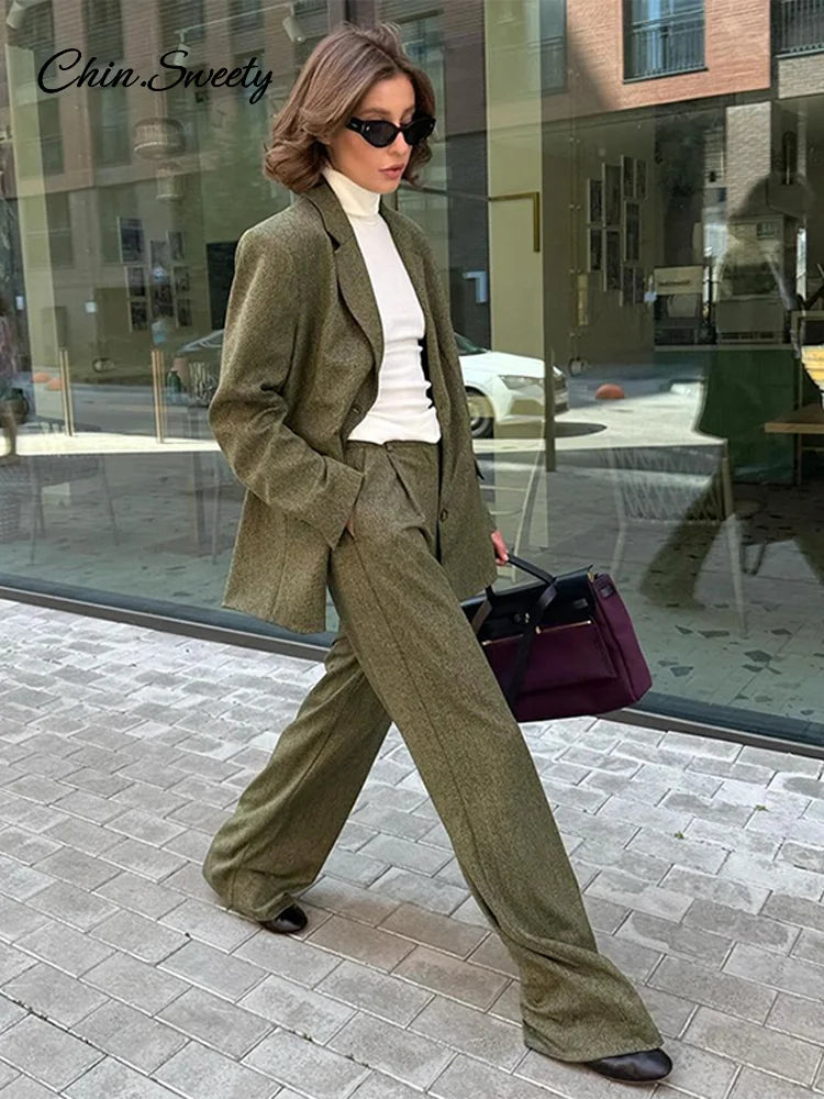 Coat Pant Sets Woman Lapel Long Sleeve Single Breasted Blazer Wide Leg Pants 2 Piece Set for Loose Outfits