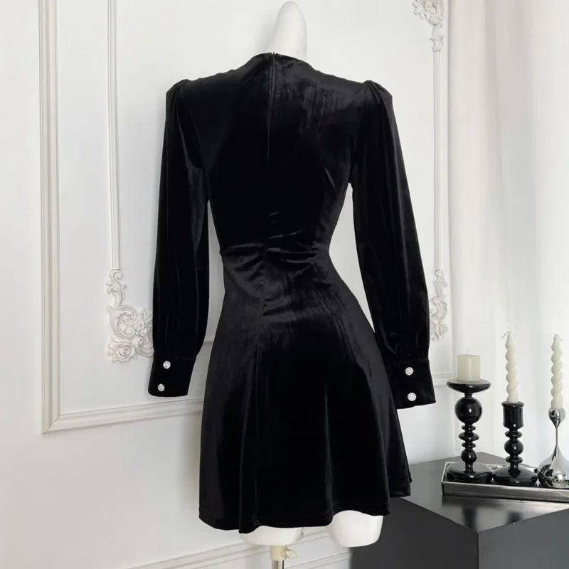 Evening Party Dresses Black Velvet Mini Dress Vneck Long Sleeve Aline French Autumn New Prom Vestidos Mujer