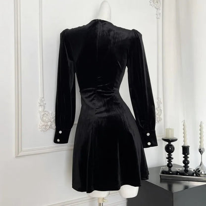 Evening Party Dresses Black Velvet Mini Dress Vneck Long Sleeve Aline French Autumn New Prom Vestidos Mujer