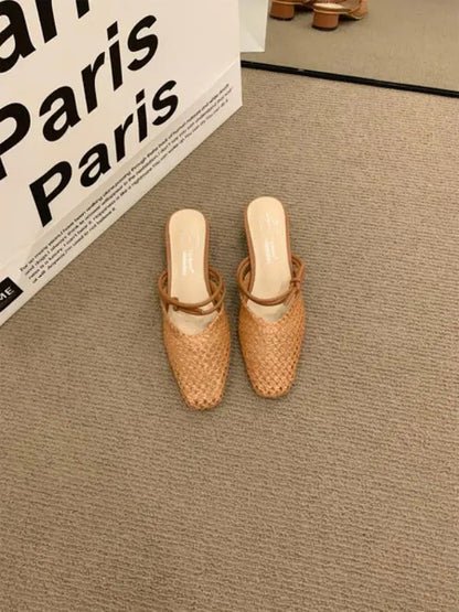 Shoes Slippers Soft Slides Slipers Cover Toe Low Loafers Fretwork Heels Comfort Flat Basic Fabric Rubber Cane Pu