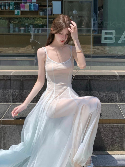 Summer Lace Midi Dress Beach Evening Party Sleeveless Strap Dress One Piece Dress Korean