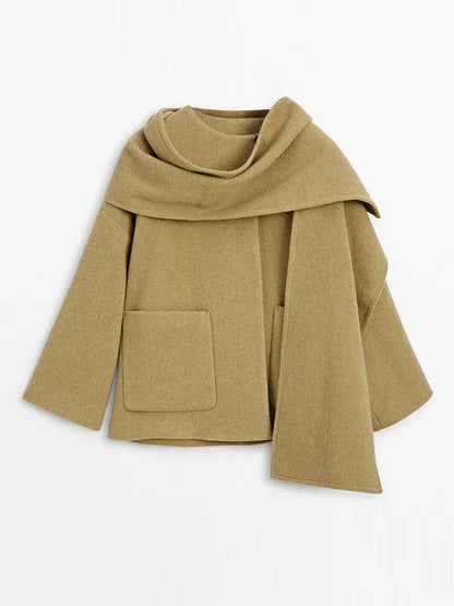 Woolen Scarf Collar Coat Single Breasted Thicken Warm Pocket Loose Jacket Winter Long Sleeve Outwear