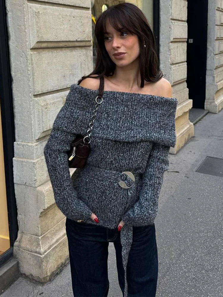 Off Shoulder Sweater With Belt Knitted Thick Long Sleeve Sweaters Female Winter Street Knitwear