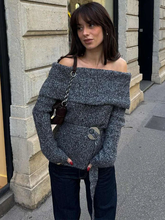 Off Shoulder Sweater With Belt Knitted Thick Long Sleeve Sweaters Female Winter Street Knitwear