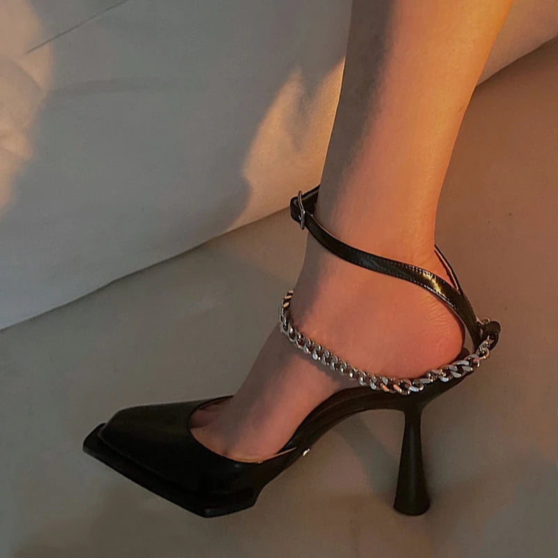 New Buckle Pointed Toe Sandals Metal Chain Sandalias Female Stiletto High Heels Dress Shoes Party Zapatos De Mujer