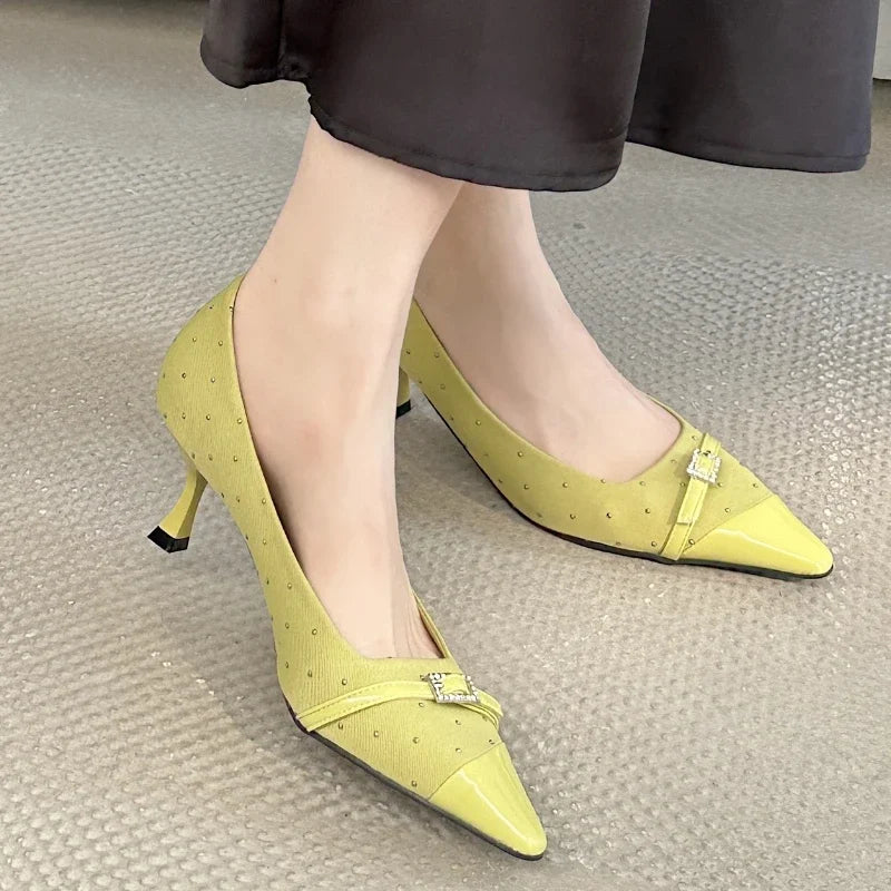 Pointed Toe Low Heel Shoes Belt Buckle Office Thin High Heels Female Shallow Pumps Zapatos De Mujer