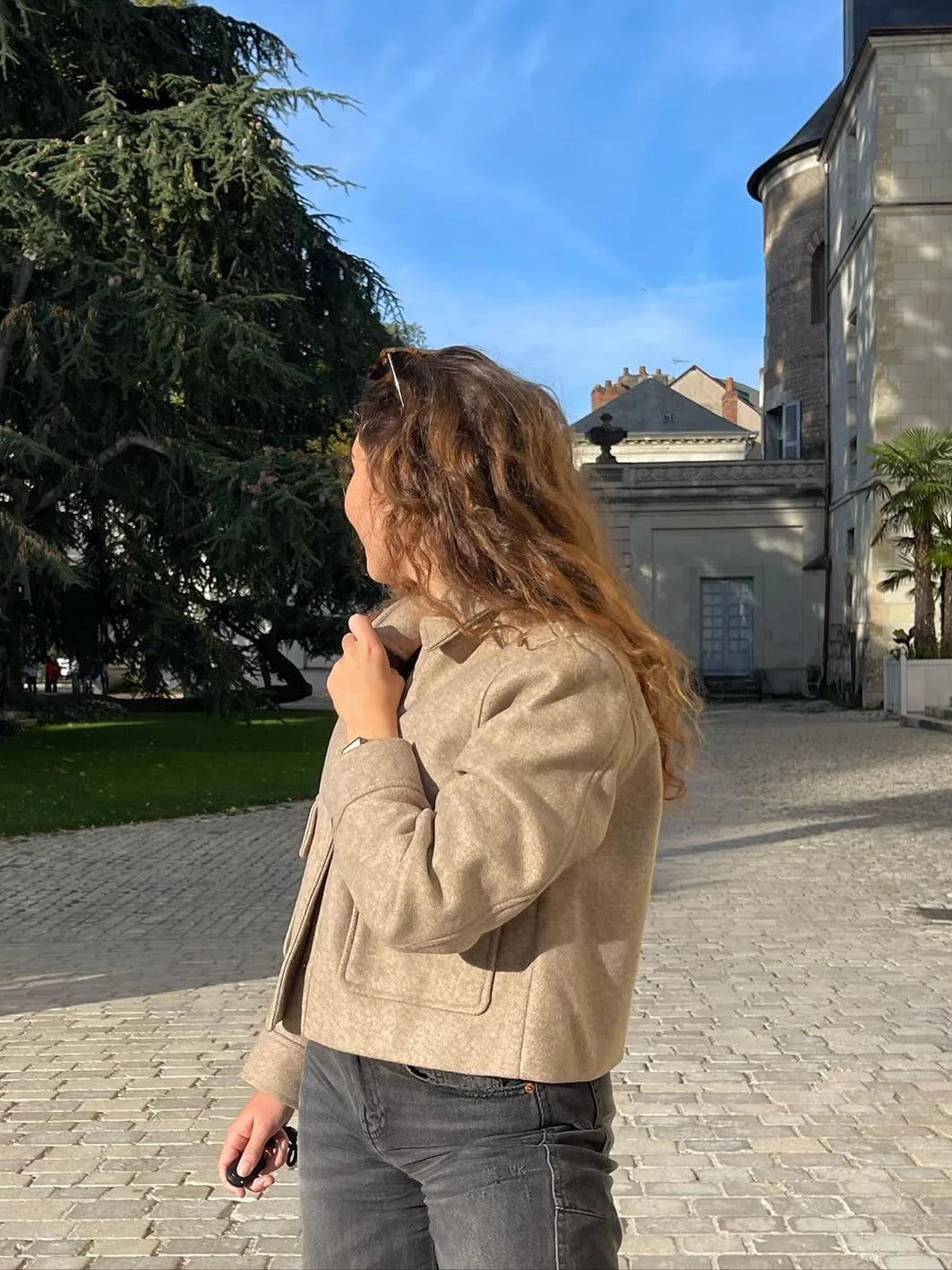 Pockets Cropped Jacket Woman Spring Turn Down Collar Long Sleeve Khaki Short Coat New Outerwear Tops
