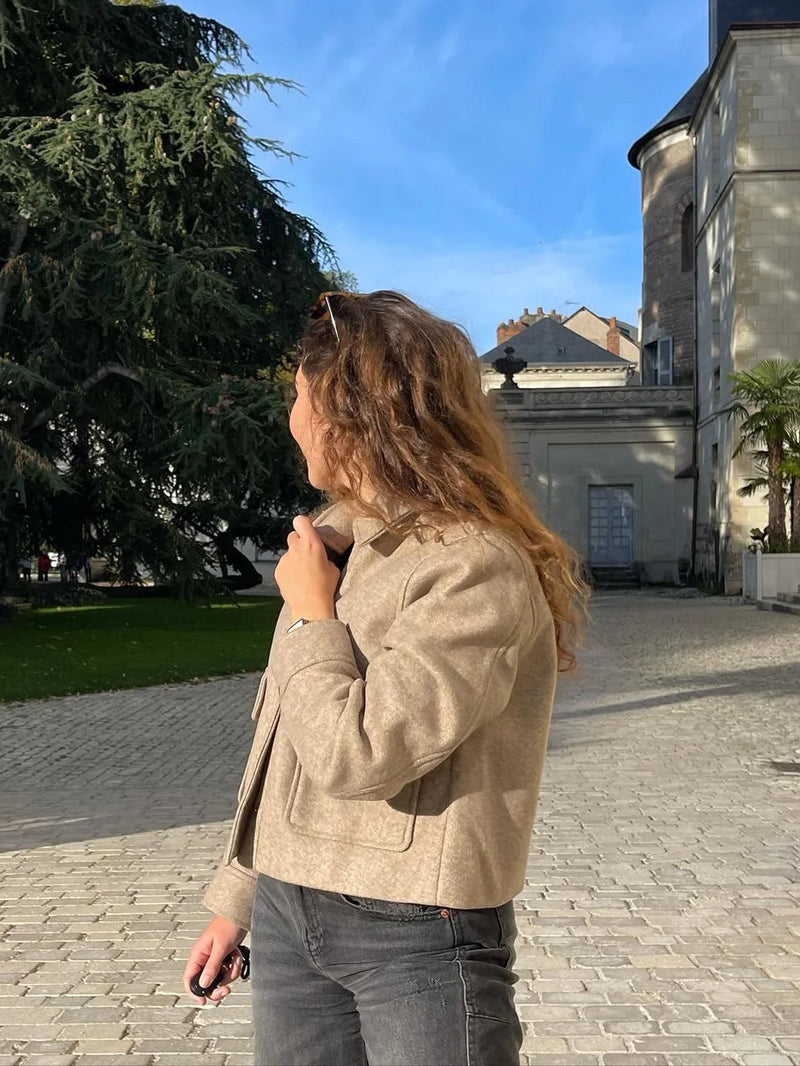 Pockets Cropped Jacket Woman Spring Turn Down Collar Long Sleeve Khaki Short Coat New Outerwear Tops
