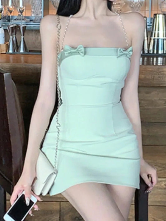Mini Dresses Sleeveless Bowknot Chain Backless Spring Summer Slim French Style Dress Sweet