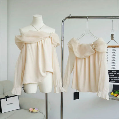 French Comfortable Tops Waist Blouse Sweet Offtheshoulder Korean Party Shirts Blous
