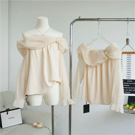 French Comfortable Tops Waist Blouse Sweet Offtheshoulder Korean Party Shirts Blous