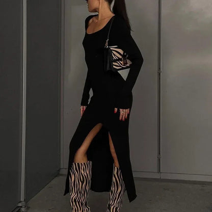 Square Neck Split Knitted Sweater Dress Long Sleeve Dress Slim Highwaist Dresses